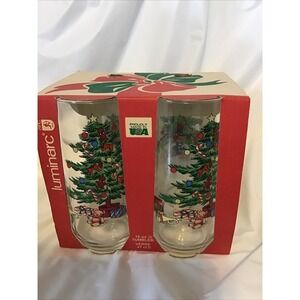 VTG Luminarc Christmas Tree 16 oz Glass Tumblers Set of 4 Holiday